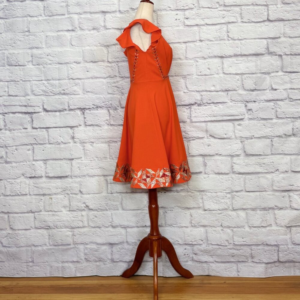 Ranna Gill Orange Metallic Embroidered Fit & Flare Dress - Picture 3 of 6